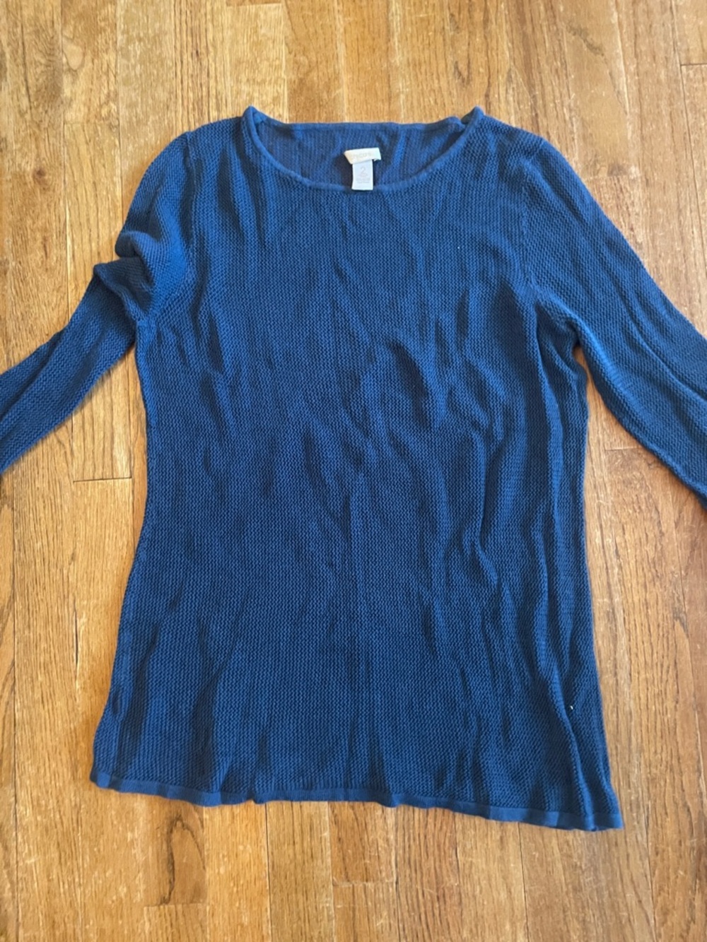 Chico's Navy Textured Mesh Knit Long Sleeve Top